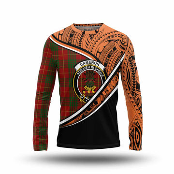 Cameron Crest Tartan Long Sleeve T-Shirt with Polynesian Vibes Style - Orange Version