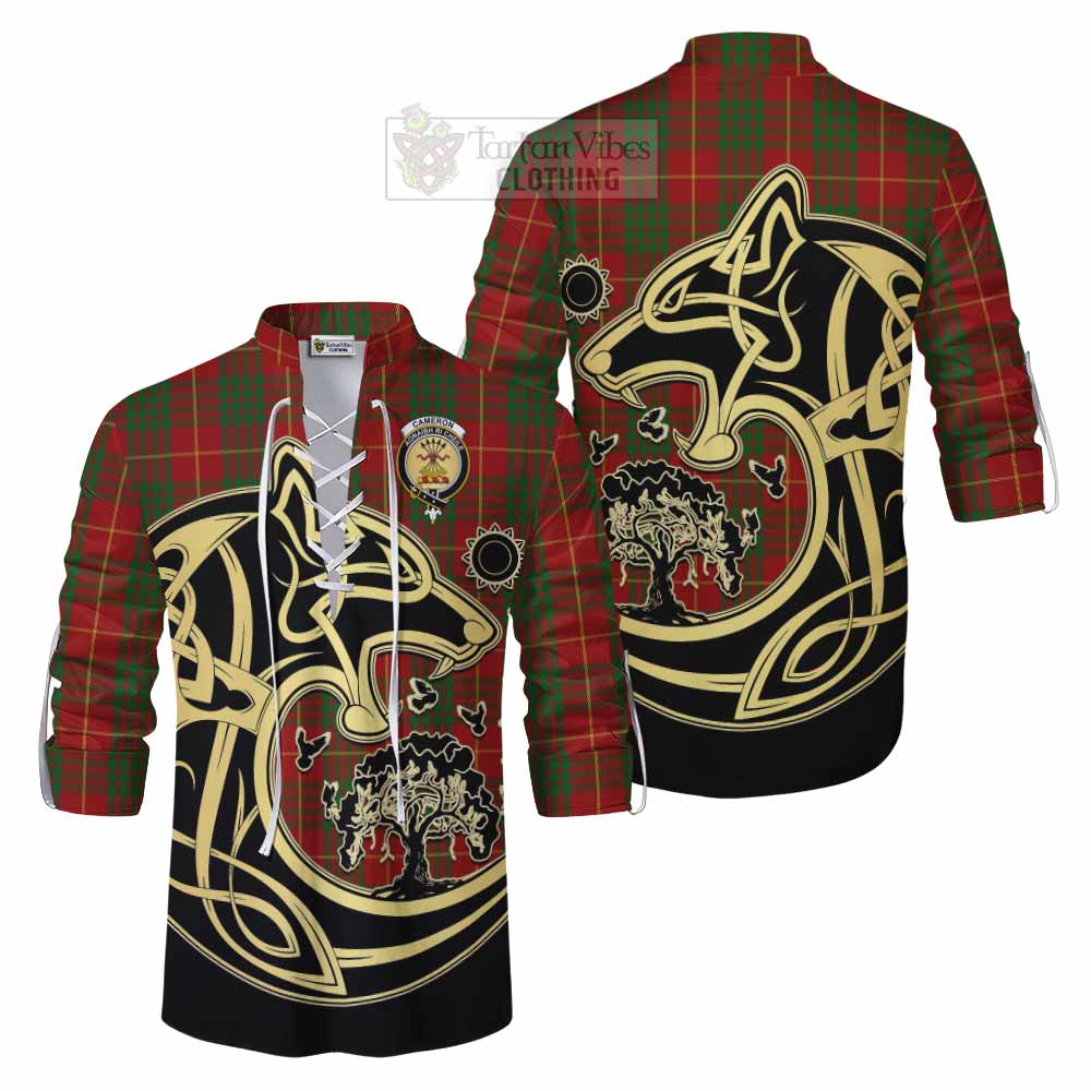 Tartan Vibes Clothing Cameron Tartan Ghillie Kilt Shirt with Family Crest Celtic Wolf Style