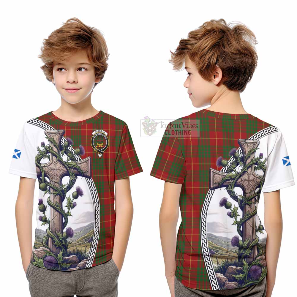 Tartan Vibes Clothing Cameron Tartan Kid T-Shirt with Family Crest and St. Andrew's Cross Accented by Thistle Vines