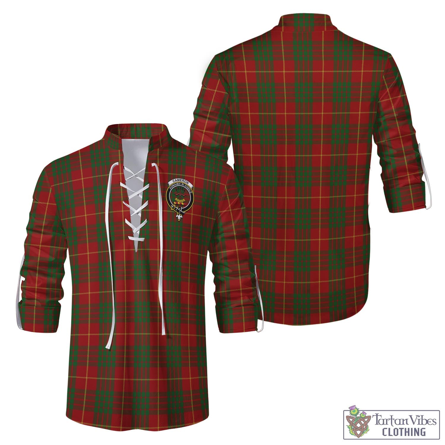 Tartan Vibes Clothing Cameron Tartan Men's Scottish Traditional Jacobite Ghillie Kilt Shirt with Family Crest