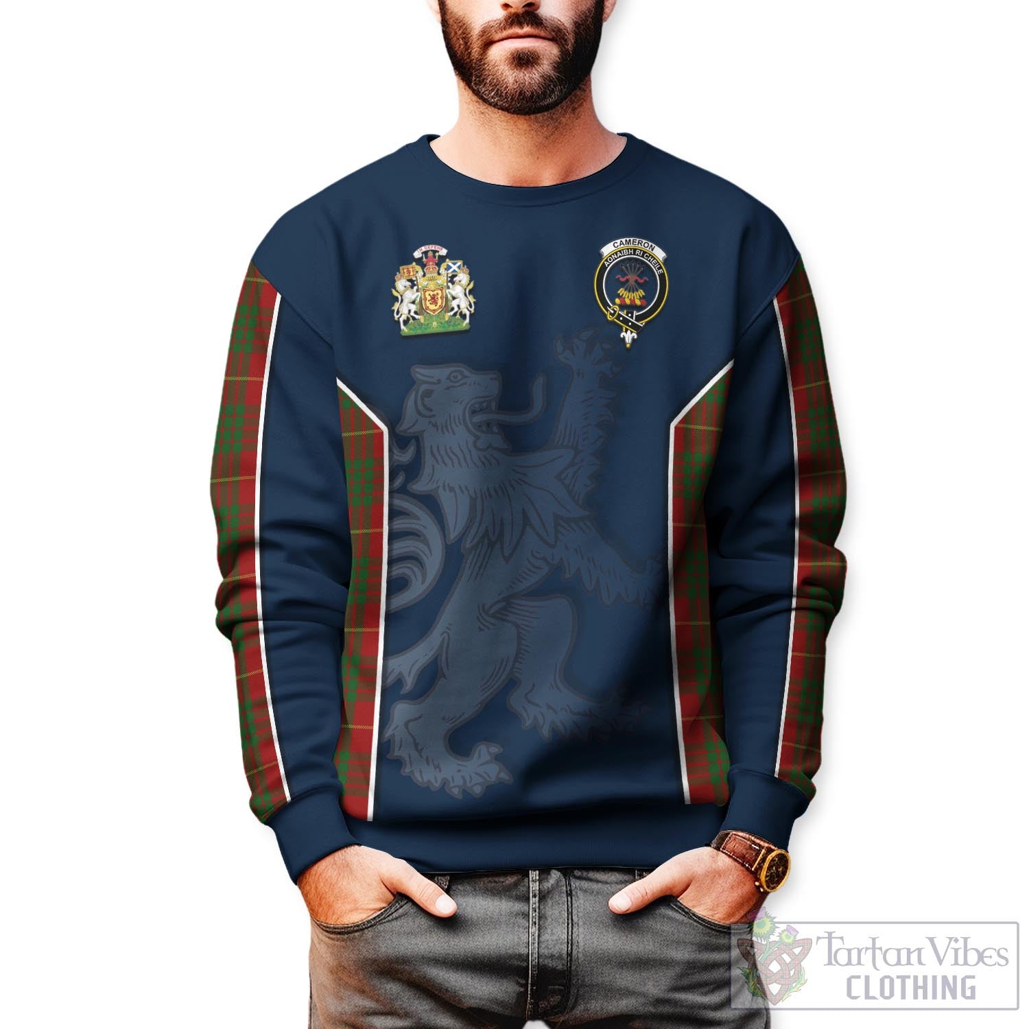 Tartan Vibes Clothing Cameron Tartan Sweater with Family Crest and Lion Rampant Vibes Sport Style