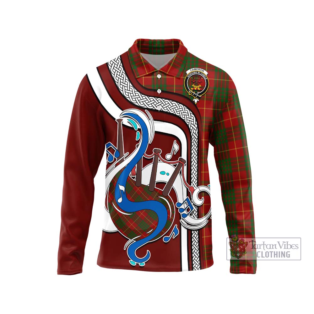 Tartan Vibes Clothing Cameron Tartan Long Sleeve Polo Shirt with Epic Bagpipe Style