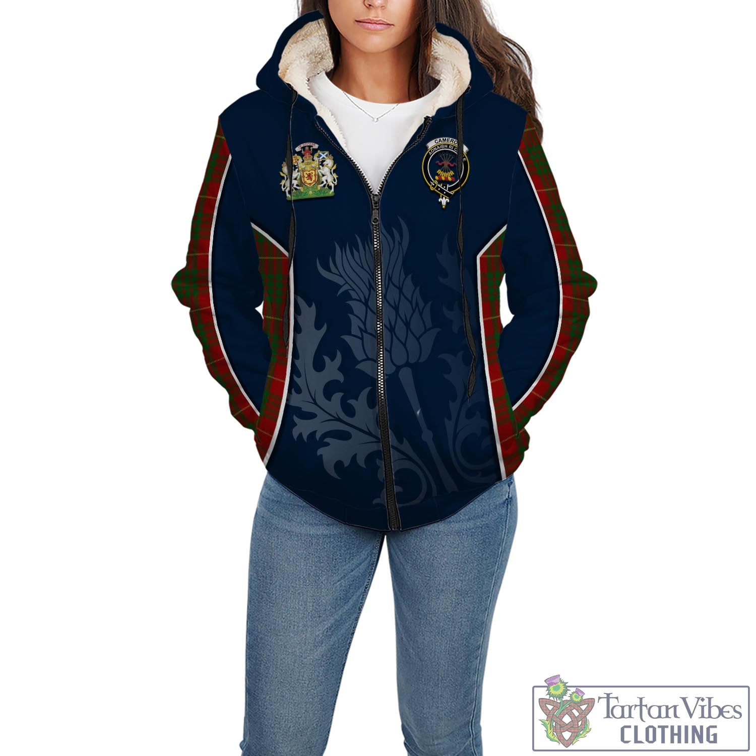 Tartan Vibes Clothing Cameron Tartan Sherpa Hoodie with Family Crest and Scottish Thistle Vibes Sport Style