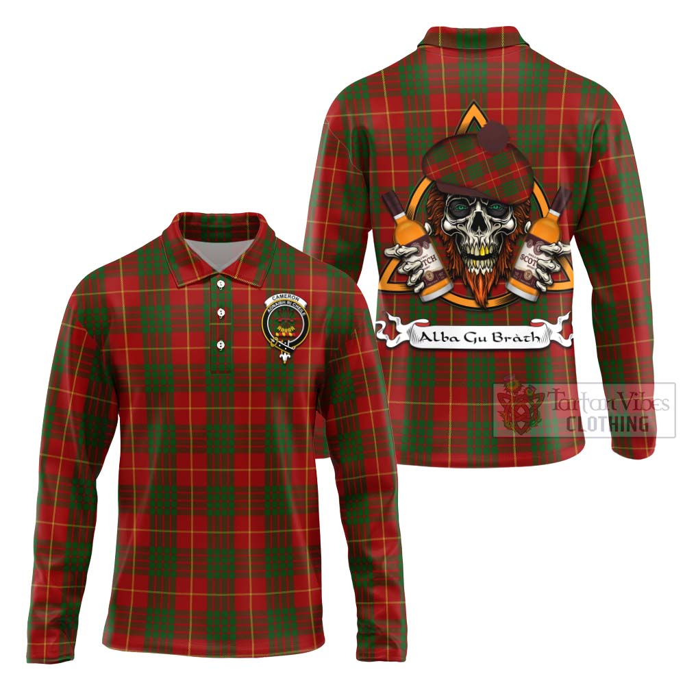 Tartan Vibes Clothing Cameron Tartan Long Sleeve Polo Shirt with Family Crest and Bearded Skull Holding Bottles of Whiskey