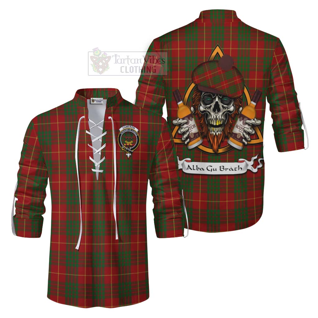 Tartan Vibes Clothing Cameron Tartan Ghillie Kilt Shirt with Family Crest and Bearded Skull Holding Bottles of Whiskey