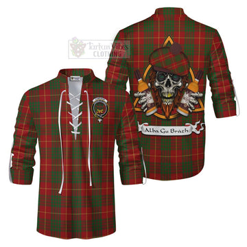 Cameron Tartan Ghillie Kilt Shirt with Family Crest and Bearded Skull Holding Bottles of Whiskey