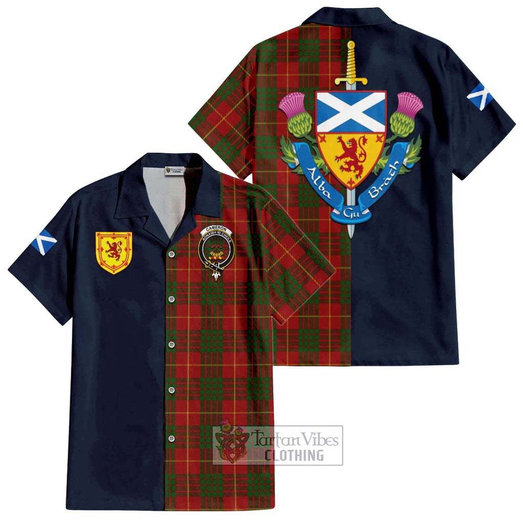 Tartan Vibes Clothing Cameron Tartan Short Sleeve Button Shirt with Scottish Lion Royal Arm Half Style