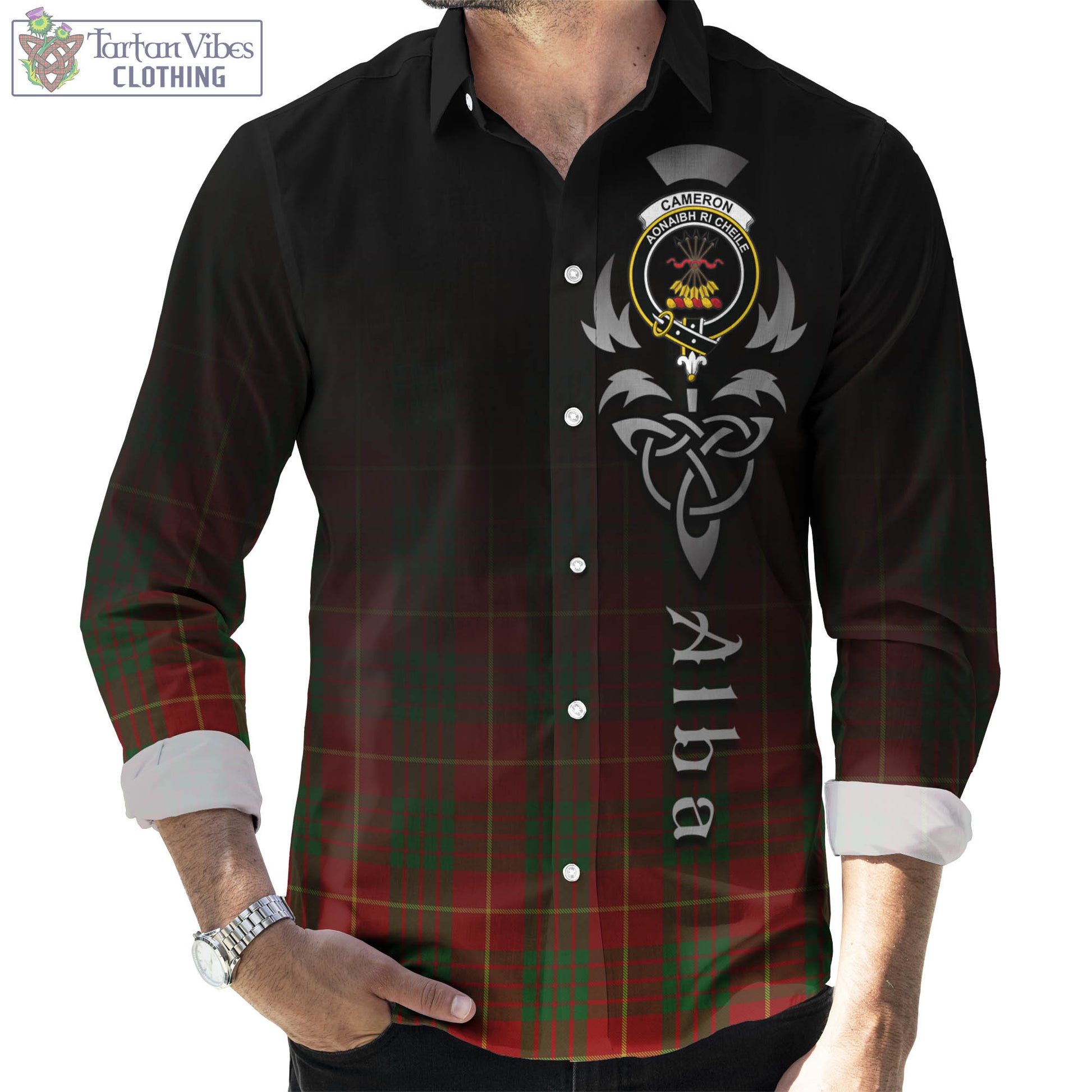 Tartan Vibes Clothing Cameron Tartan Long Sleeve Button Up Featuring Alba Gu Brath Family Crest Celtic Inspired