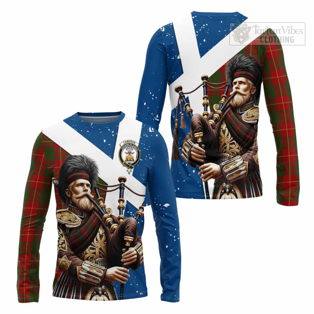 Tartan Vibes Clothing Cameron Tartan Long Sleeve T-Shirt with Family Crest Scottish Bagpiper Vibes