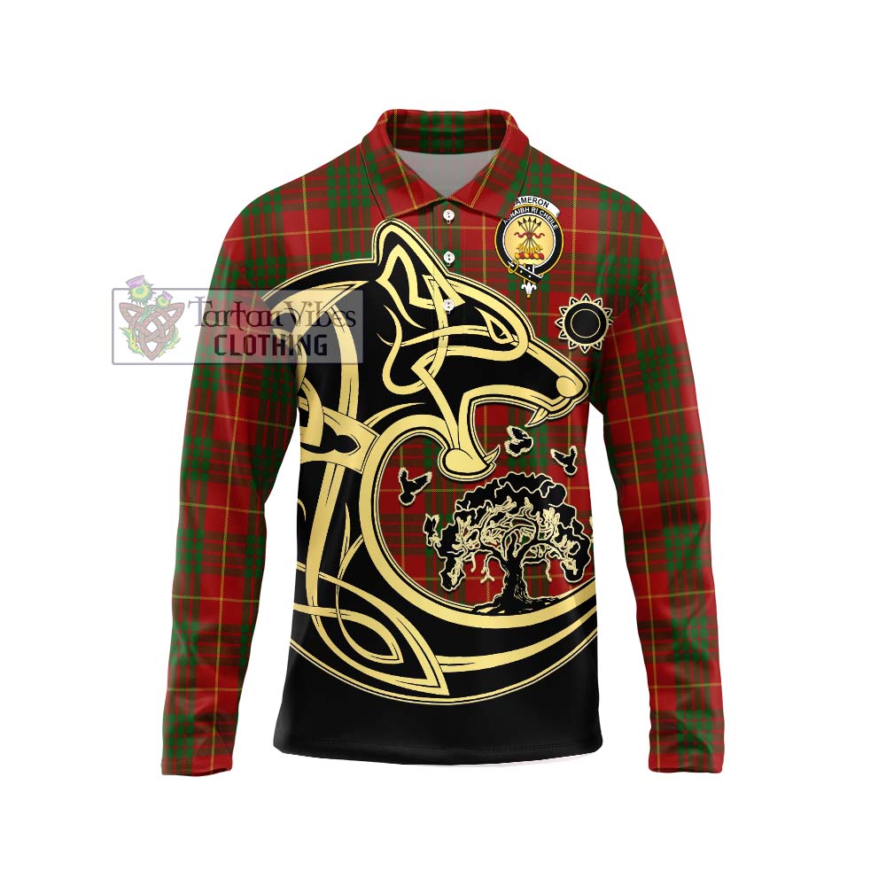 Cameron Tartan Long Sleeve Polo Shirt with Family Crest Celtic Wolf Style Unisex - Tartanvibesclothing Shop