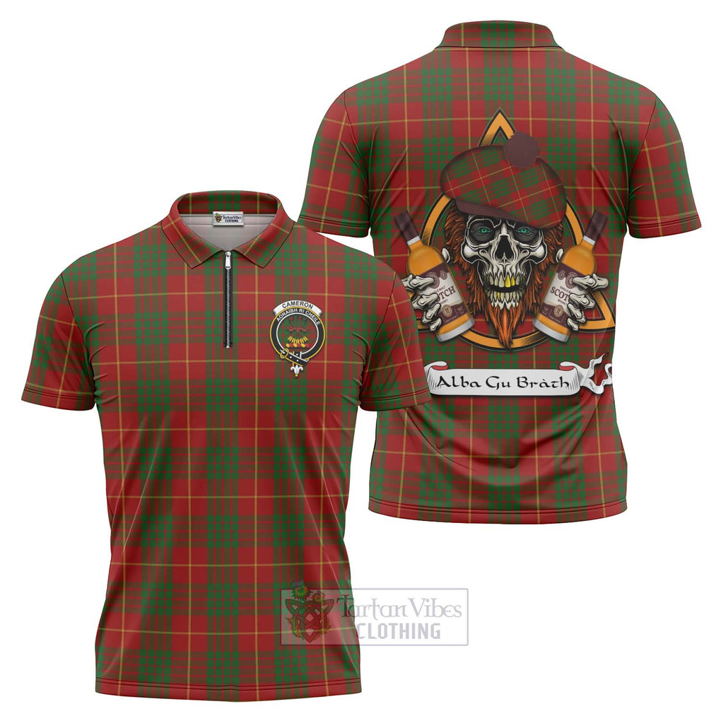 Tartan Vibes Clothing Cameron Tartan Zipper Polo Shirt with Family Crest and Bearded Skull Holding Bottles of Whiskey