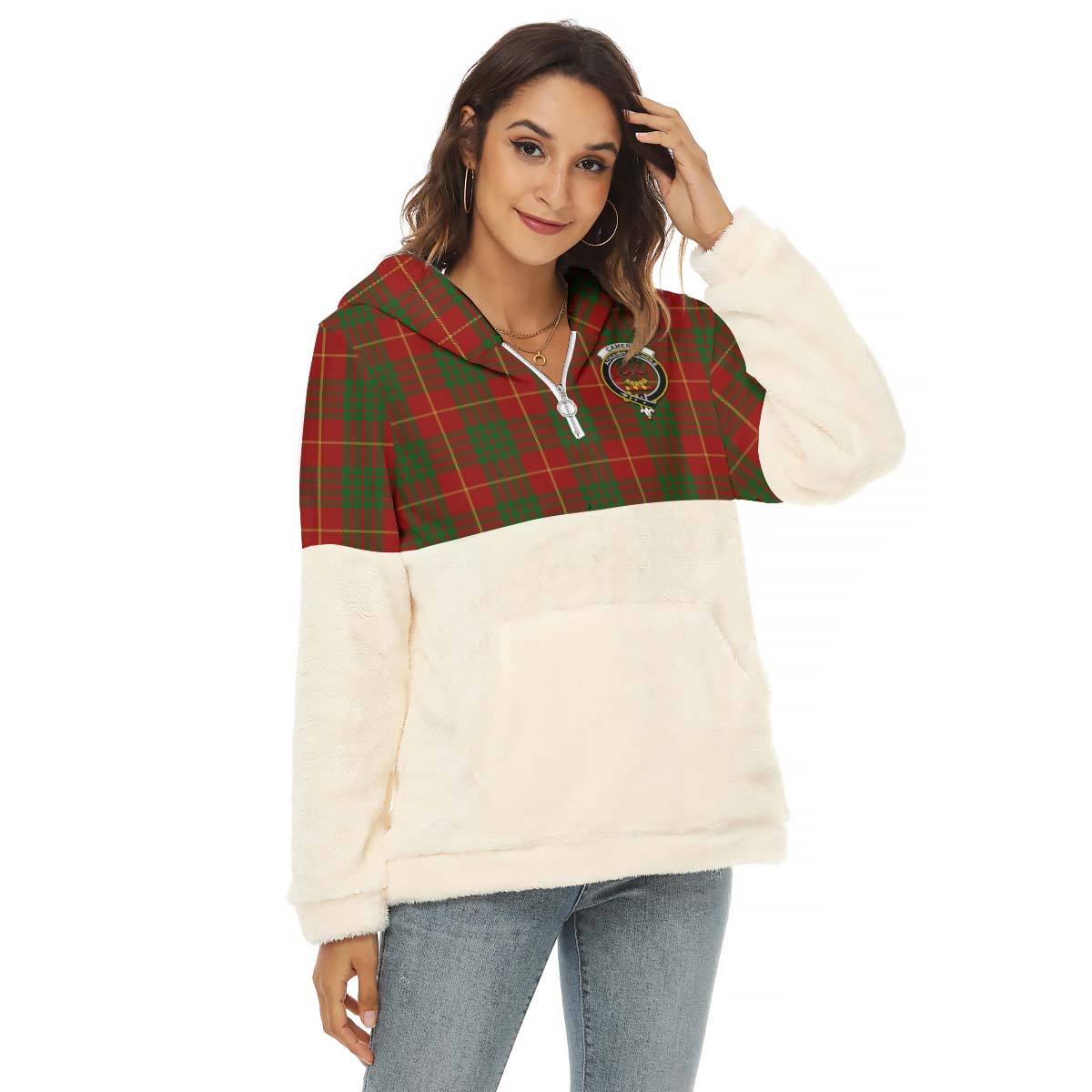 Cameron Tartan Women's Borg Fleece Hoodie With Half Zip with Family Crest Female - Tartan Vibes Clothing