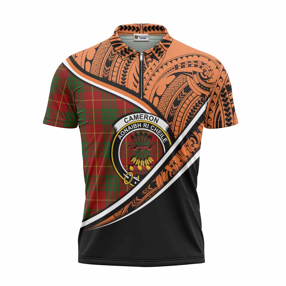 Tartan Vibes Clothing Cameron Crest Tartan Zipper Polo Shirt with Maori Tattoo Style - Orange Version