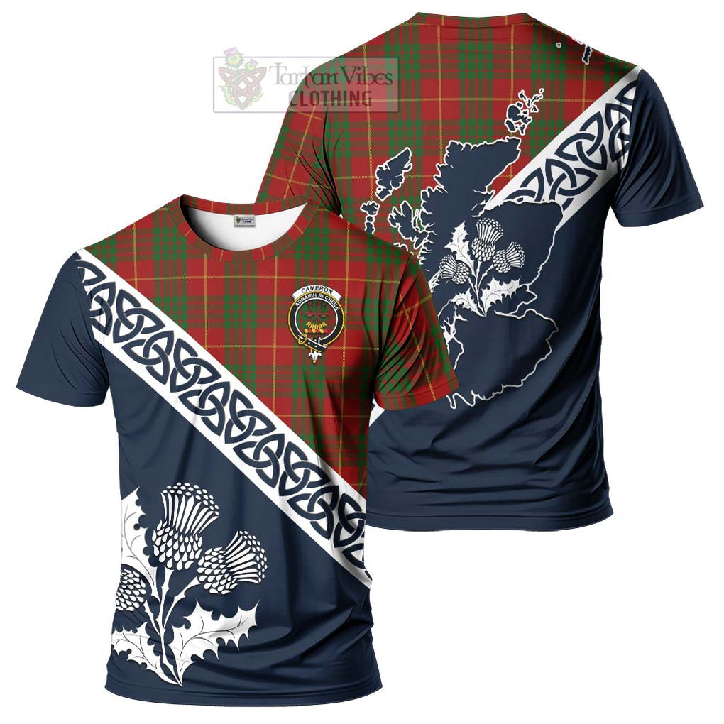 Cameron Tartan T-Shirt Featuring Thistle and Scotland Map