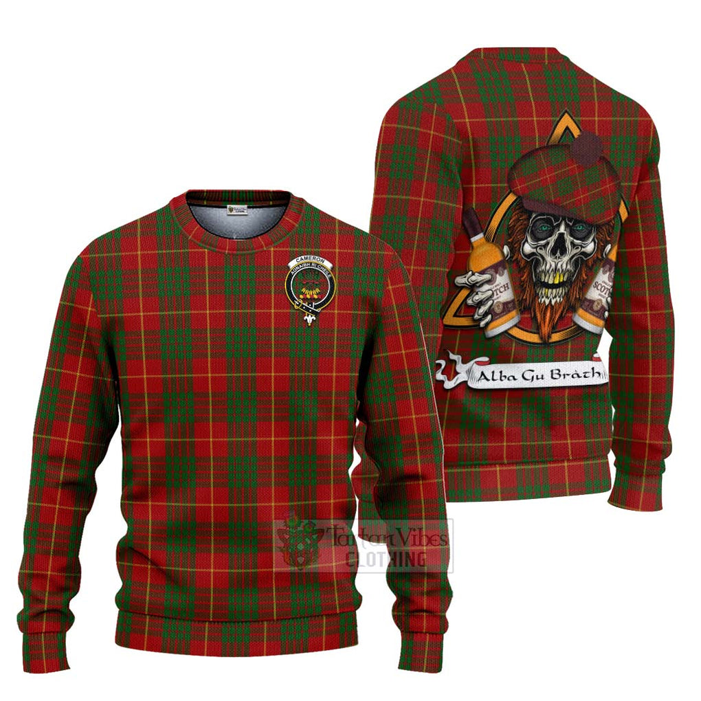 Tartan Vibes Clothing Cameron Tartan Knitted Sweater with Family Crest and Bearded Skull Holding Bottles of Whiskey