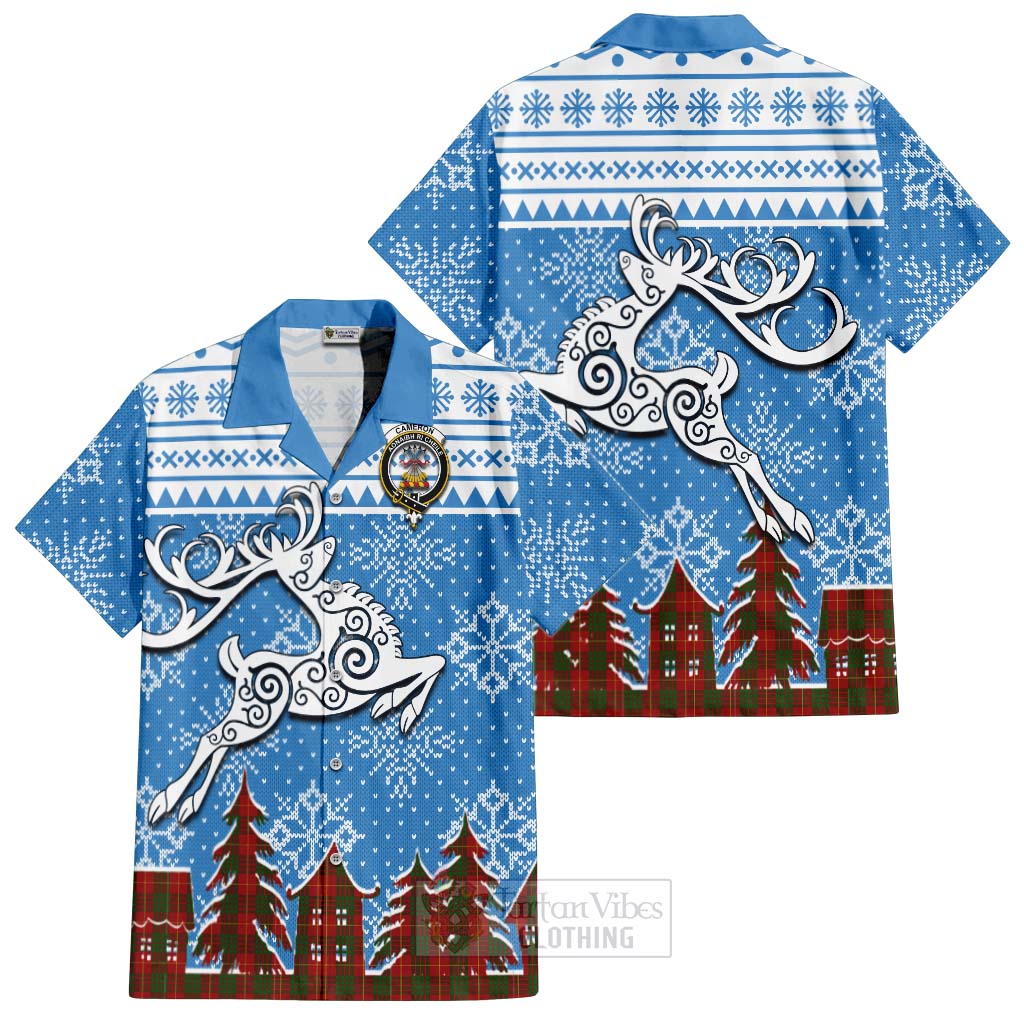 Tartan Vibes Clothing Cameron Clan Christmas Short Sleeve Button Shirt Celtic Reindeer Style