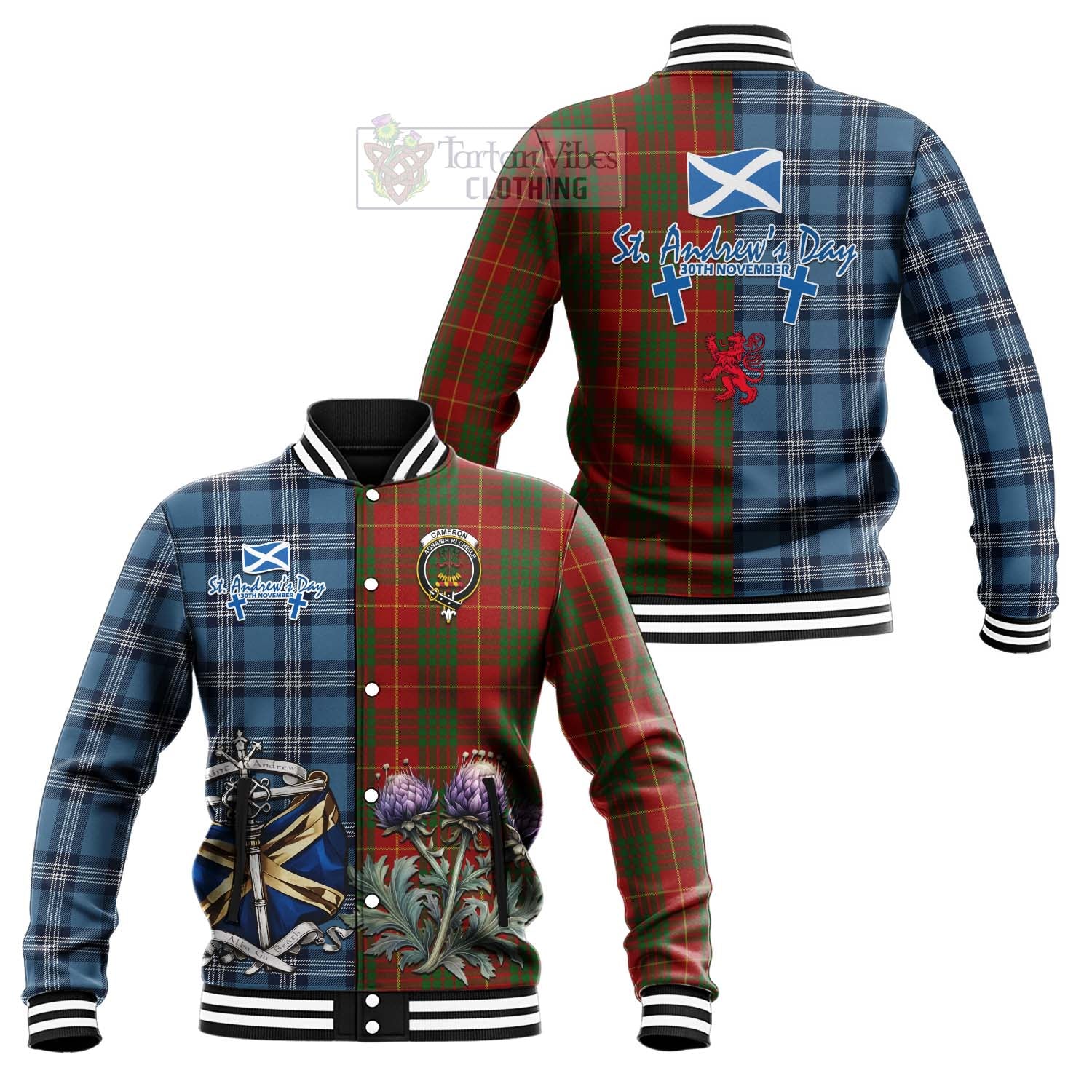 Tartan Vibes Clothing Cameron Tartan Baseball Jacket Happy St. Andrew's Day Half Tartan Style