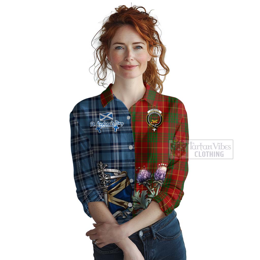 Tartan Vibes Clothing Cameron Tartan Women's Casual Shirt Happy St. Andrew's Day Half Tartan Style