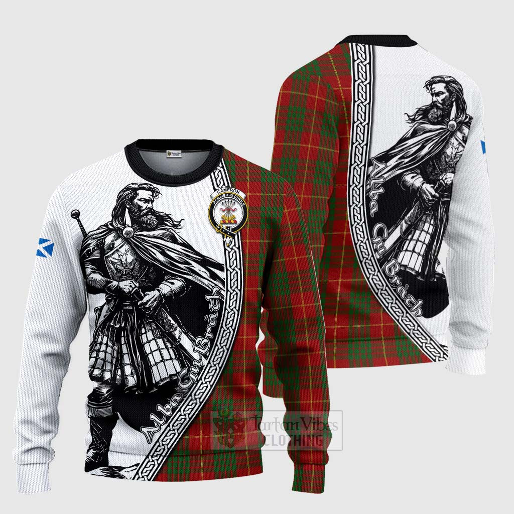 Tartan Vibes Clothing Cameron Tartan Clan Crest Knitted Sweater with Highlander Warrior Celtic Style