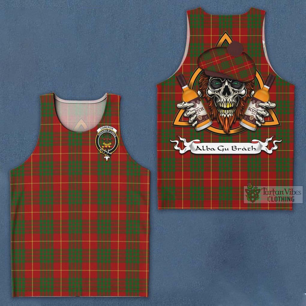 Tartan Vibes Clothing Cameron Tartan Men's Tank Top with Family Crest and Bearded Skull Holding Bottles of Whiskey