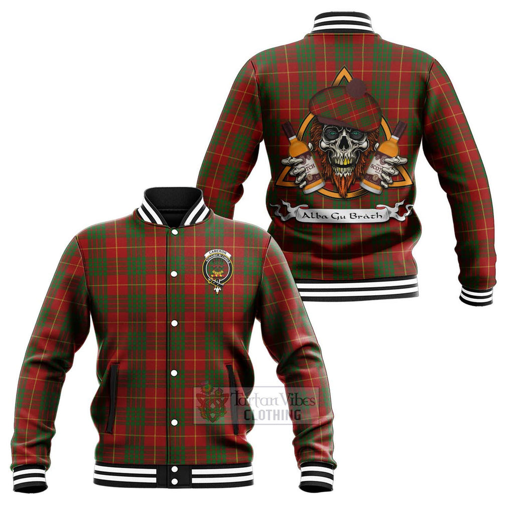 Tartan Vibes Clothing Cameron Tartan Baseball Jacket with Family Crest and Bearded Skull Holding Bottles of Whiskey