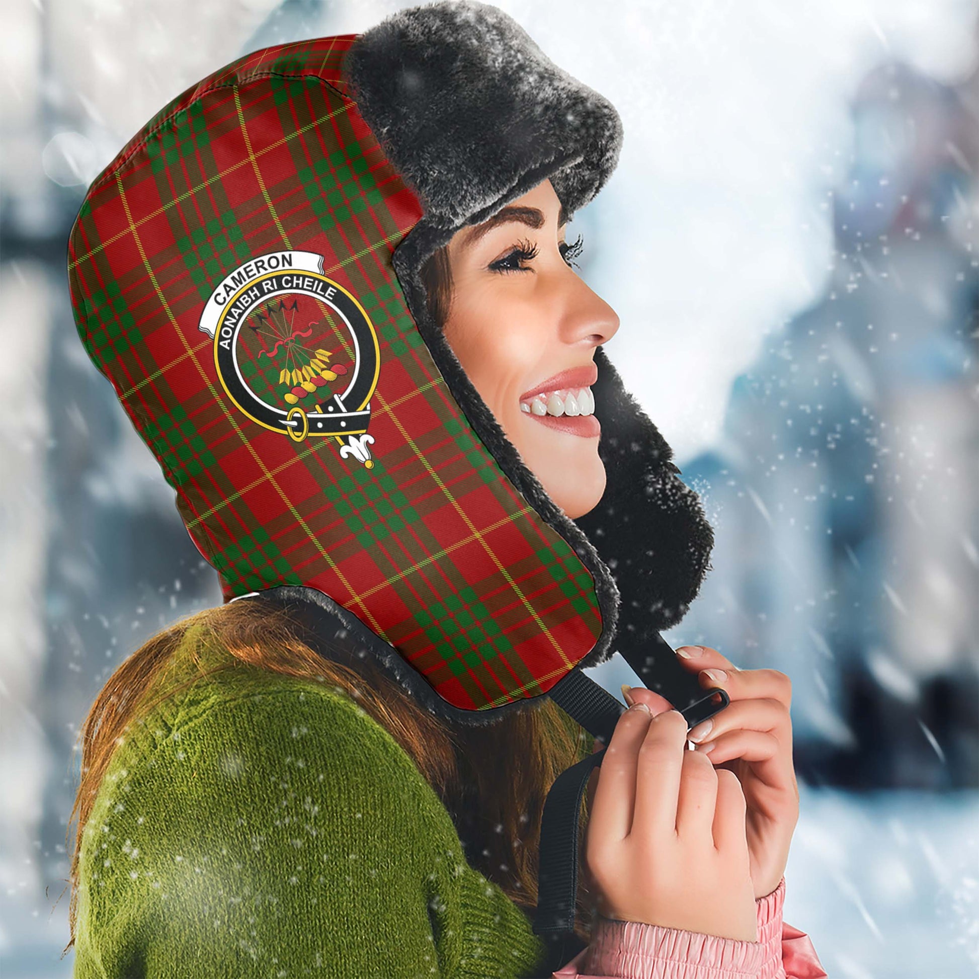 Cameron Tartan Winter Trapper Hat with Family Crest Winter Trapper Hat Universal Fit Circumference 22.8in (58cm) - Tartanvibesclothing