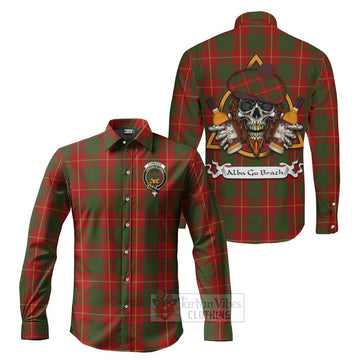 Cameron Tartan Long Sleeve Button Shirt with Family Crest and Bearded Skull Holding Bottles of Whiskey