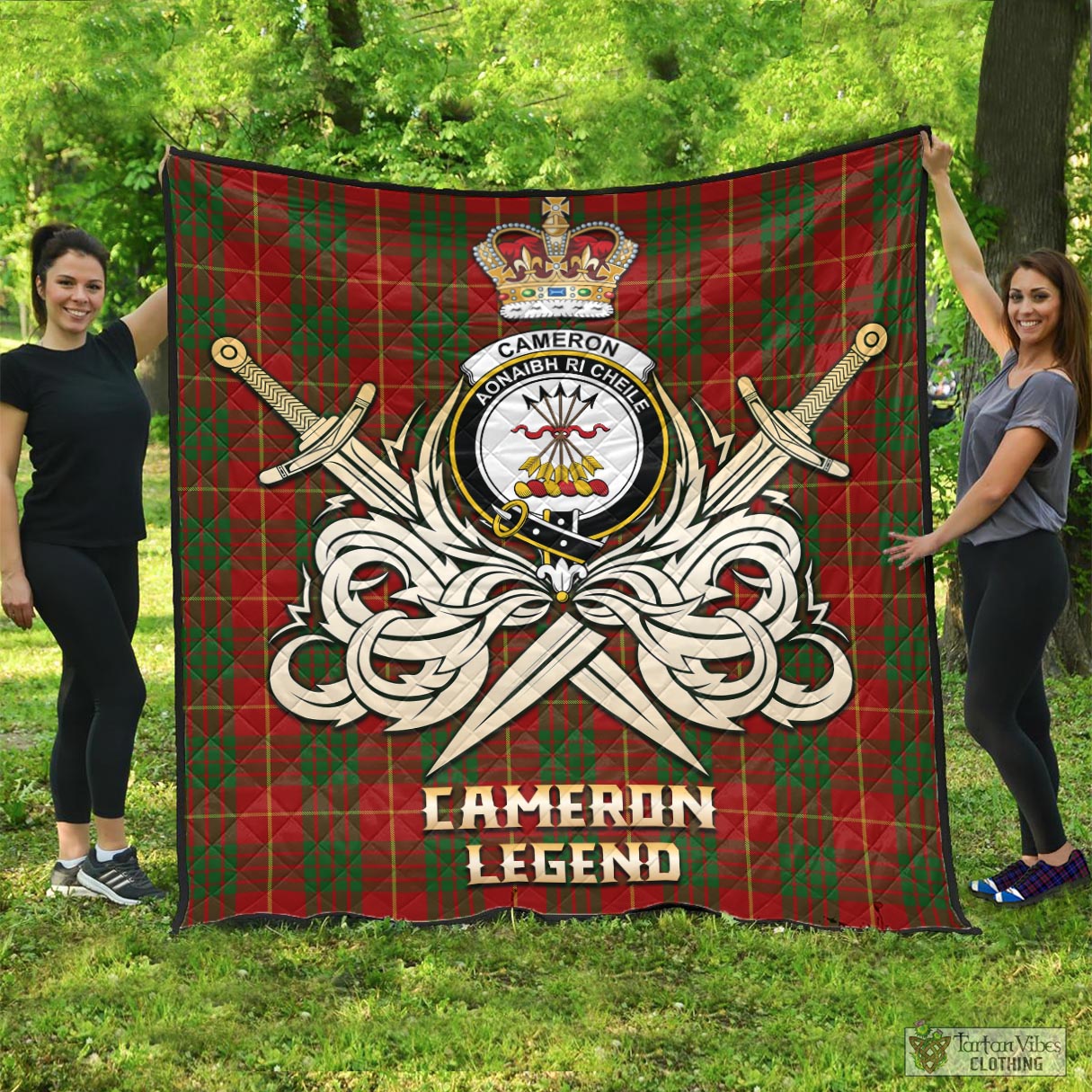 Tartan Vibes Clothing Cameron Tartan Quilt with Clan Crest and the Golden Sword of Courageous Legacy