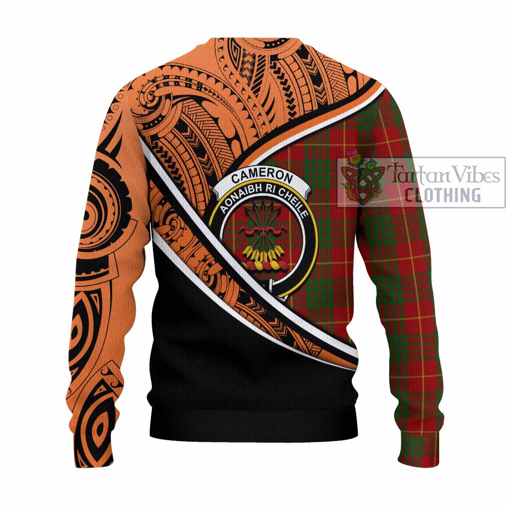 Tartan Vibes Clothing Cameron Crest Tartan Knitted Sweater with Maori Tattoo Style - Orange Version