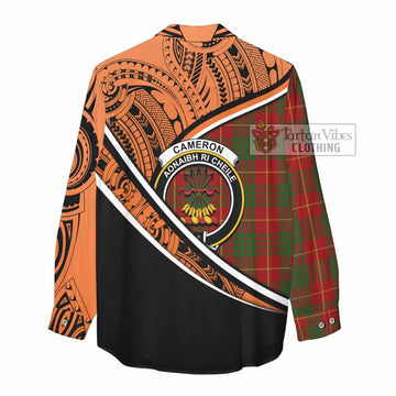 Cameron Crest Tartan Women's Casual Shirt with Polynesian Vibes Style - Orange Version