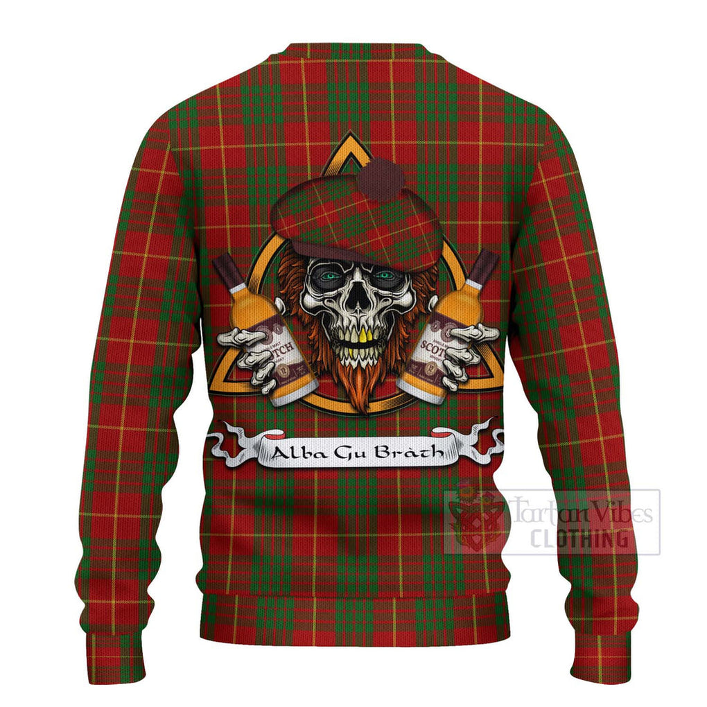 Tartan Vibes Clothing Cameron Tartan Knitted Sweater with Family Crest and Bearded Skull Holding Bottles of Whiskey