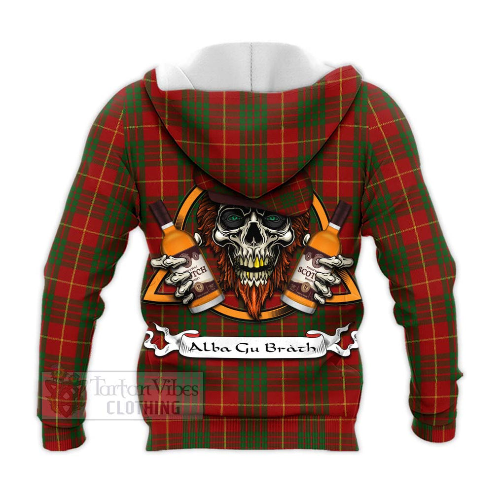 Tartan Vibes Clothing Cameron Tartan Knitted Hoodie with Family Crest and Bearded Skull Holding Bottles of Whiskey