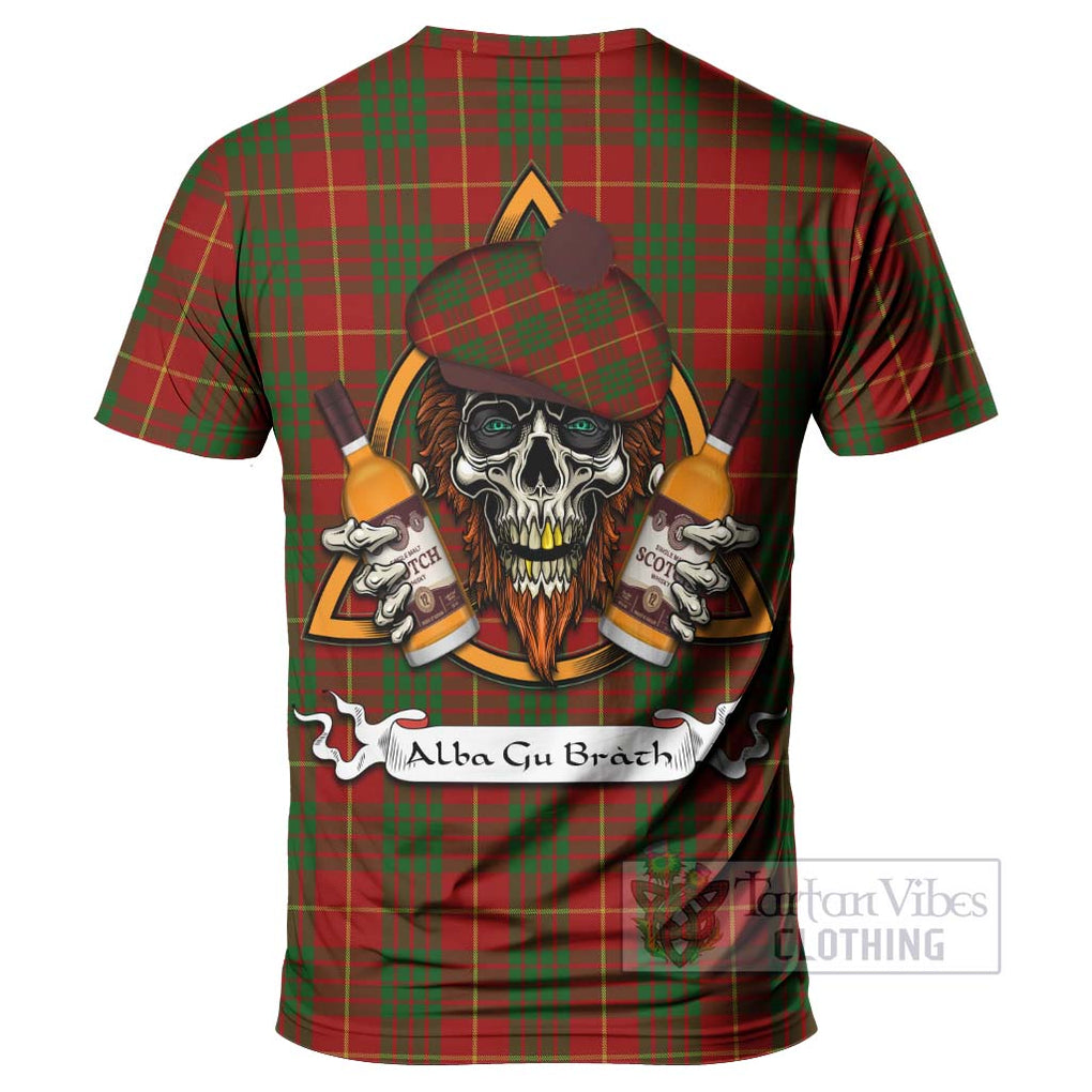 Tartan Vibes Clothing Cameron Tartan T-Shirt with Family Crest and Bearded Skull Holding Bottles of Whiskey