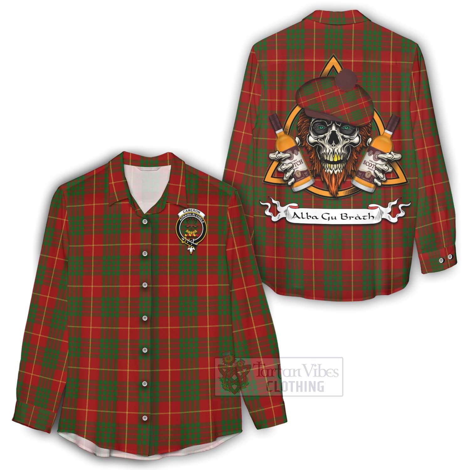 Tartan Vibes Clothing Cameron Tartan Women's Casual Shirt with Family Crest and Bearded Skull Holding Bottles of Whiskey