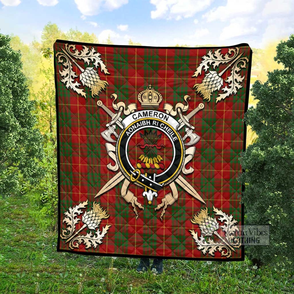 Tartan Vibes Clothing Cameron Tartan Quilt with Family Crest and Scottish Golden Courage Shield