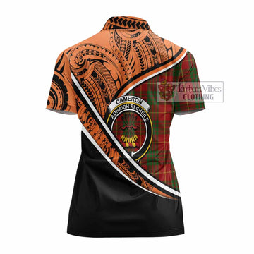 Cameron Crest Tartan Women's Polo Shirt with Polynesian Vibes Style - Orange Version