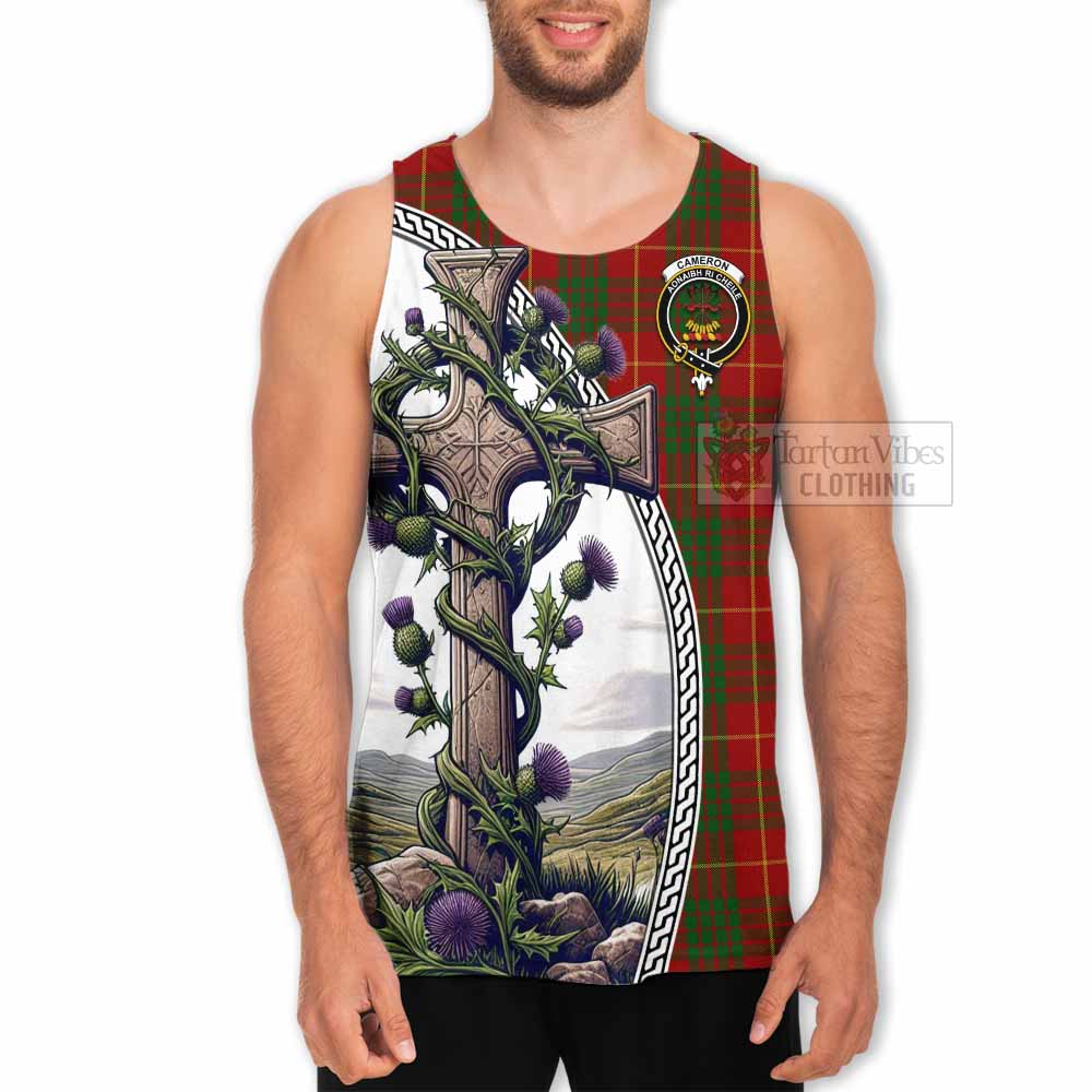 Tartan Vibes Clothing Cameron Tartan Men's Tank Top with Family Crest and St. Andrew's Cross Accented by Thistle Vines