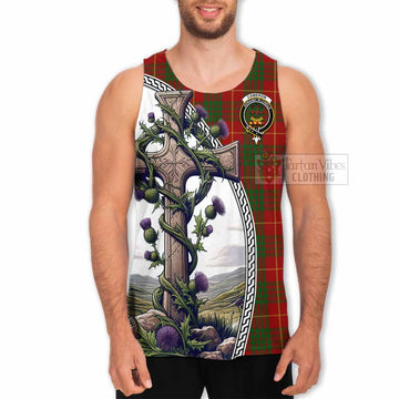 Cameron Tartan Men's Tank Top with Family Crest and St. Andrew's Cross Accented by Thistle Vines