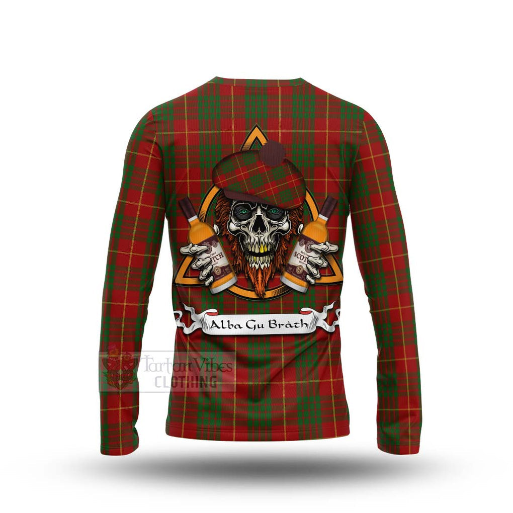 Tartan Vibes Clothing Cameron Tartan Long Sleeve T-Shirt with Family Crest and Bearded Skull Holding Bottles of Whiskey