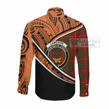 Cameron Crest Tartan Long Sleeve Button Shirt with Polynesian Vibes Style - Orange Version