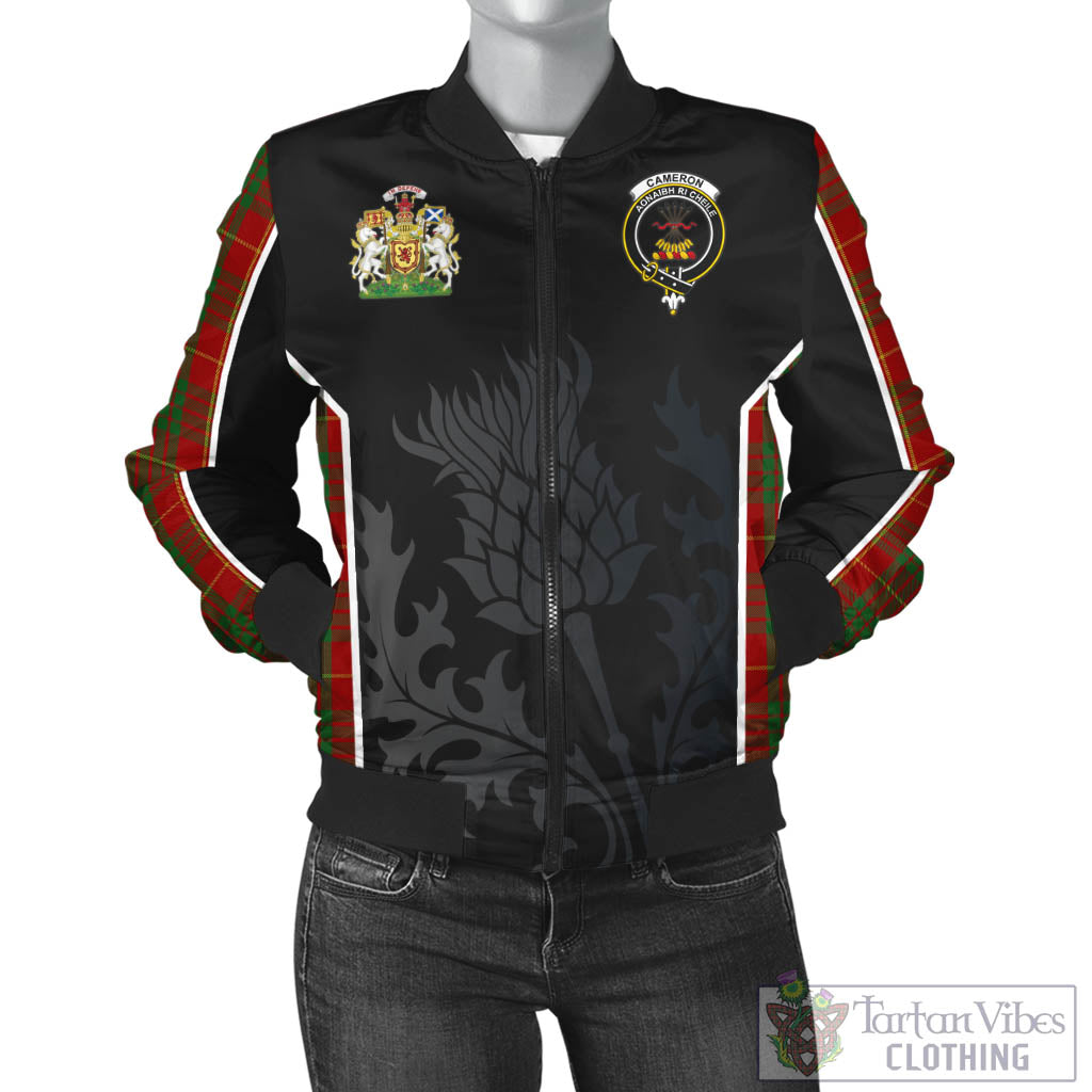 Tartan Vibes Clothing Cameron Tartan Bomber Jacket with Family Crest and Scottish Thistle Vibes Sport Style