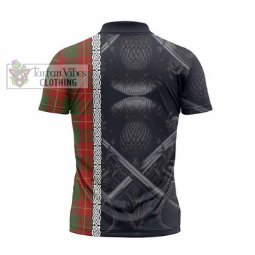 Cameron Tartan Zipper Polo Shirt with Family Crest Cross Sword Thistle Celtic Vibes