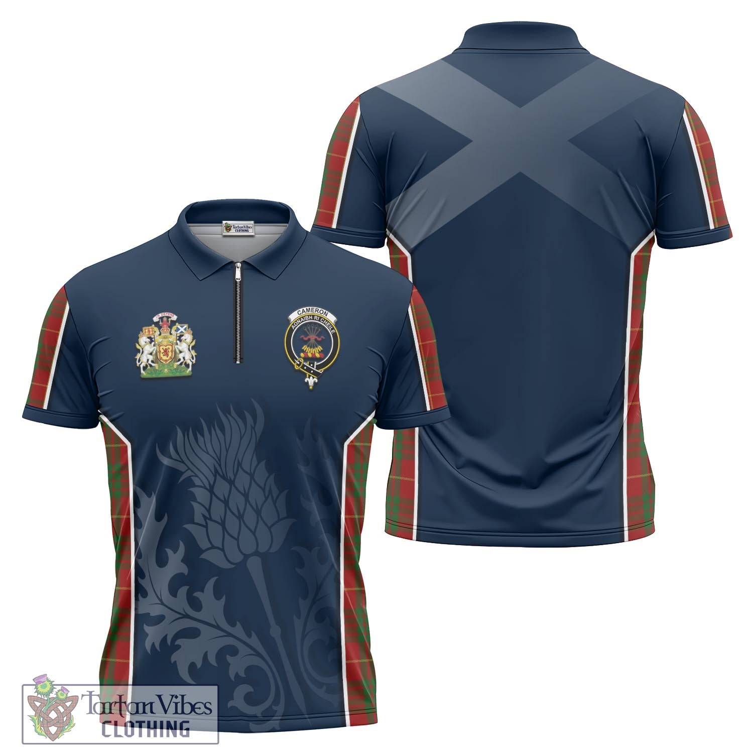 Tartan Vibes Clothing Cameron Tartan Zipper Polo Shirt with Family Crest and Scottish Thistle Vibes Sport Style