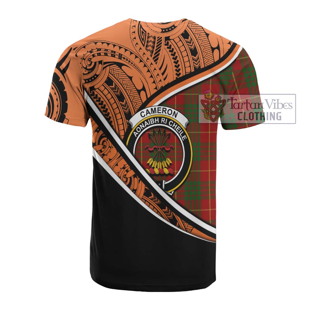 Tartan Vibes Clothing Cameron Crest Tartan Cotton T-shirt with Maori Tattoo Style - Orange Version