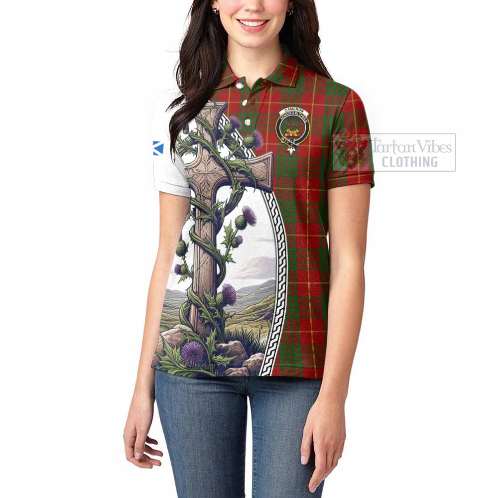 Tartan Vibes Clothing Cameron Tartan Women's Polo Shirt with Family Crest and St. Andrew's Cross Accented by Thistle Vines