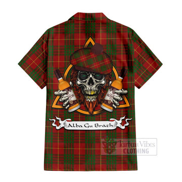 Cameron Tartan Short Sleeve Button Shirt with Family Crest and Bearded Skull Holding Bottles of Whiskey