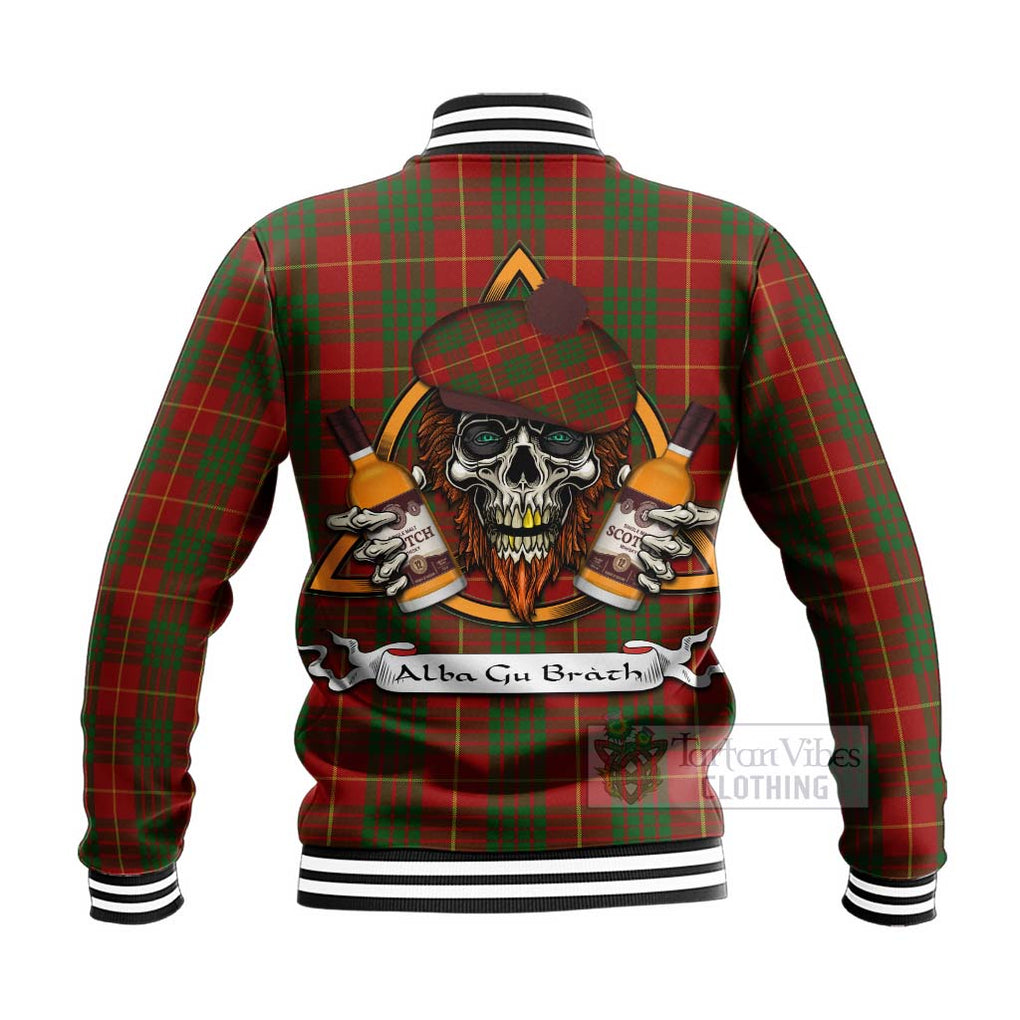 Tartan Vibes Clothing Cameron Tartan Baseball Jacket with Family Crest and Bearded Skull Holding Bottles of Whiskey