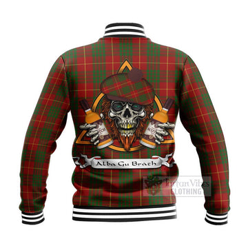 Cameron Tartan Baseball Jacket with Family Crest and Bearded Skull Holding Bottles of Whiskey