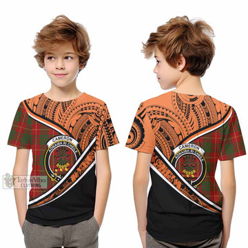 Cameron Crest Tartan Kid T-Shirt with Polynesian Vibes Style - Orange Version