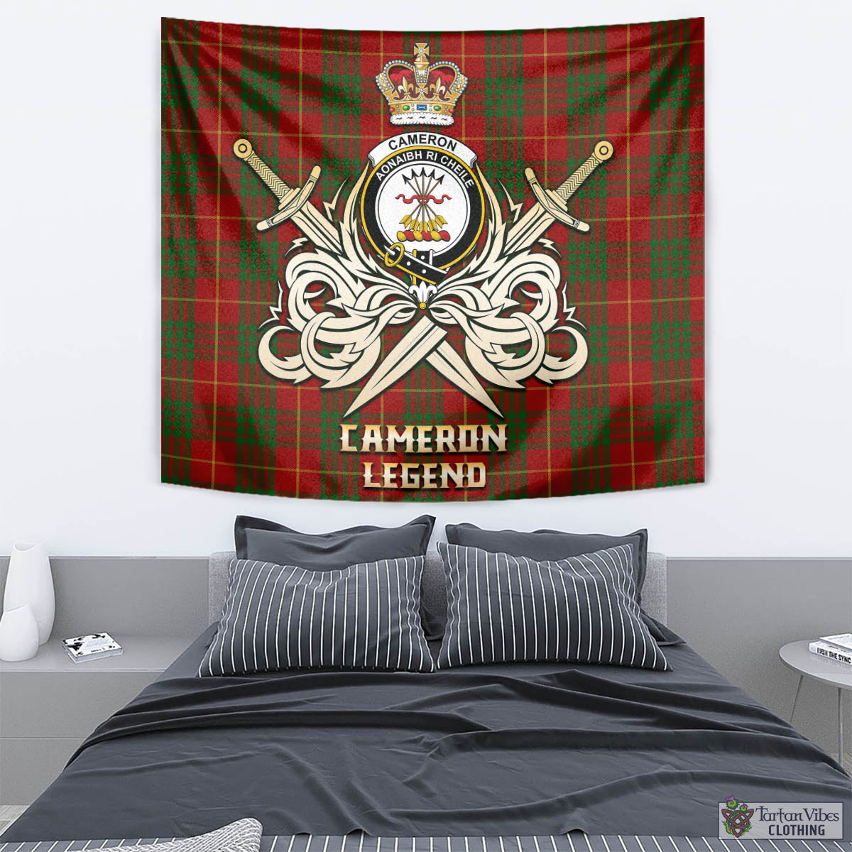 Tartan Vibes Clothing Cameron Tartan Tapestry with Clan Crest and the Golden Sword of Courageous Legacy